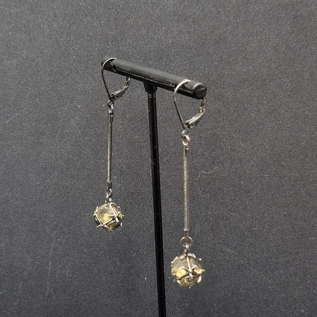 Pierced Earrings Black Metal Green Stone Sphere Dangle Chain 1.75"