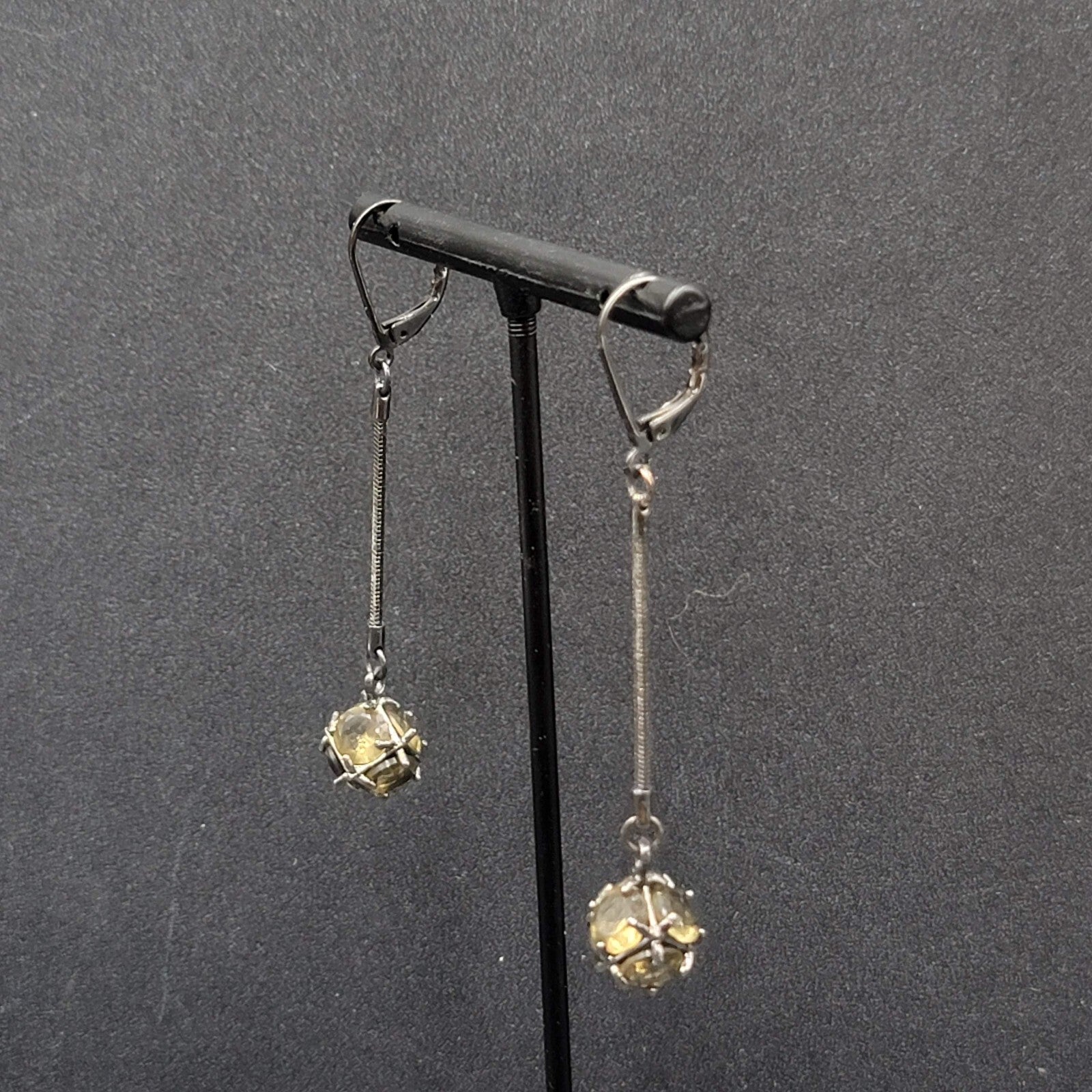 Pierced Earrings Black Metal Green Stone Sphere Dangle Chain 1.75"