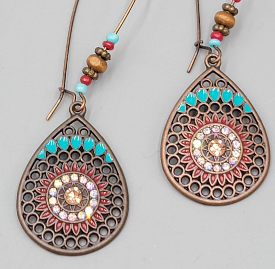 Boho Teardrop Medallion Pierced Earrings Bronze tone Dangle 2.75 in