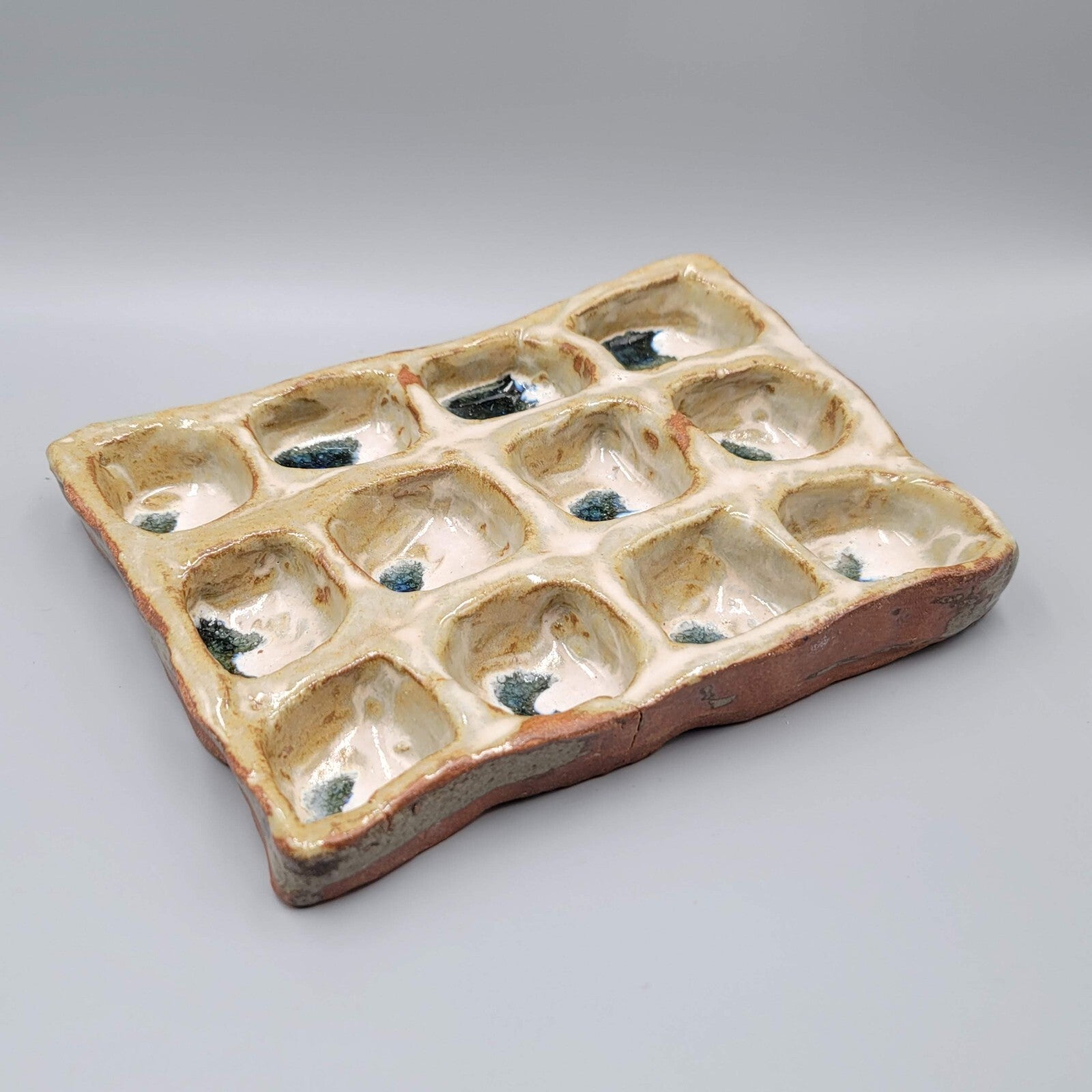 Folk Glazed Pottery Diometric Divided Dish Egg Oyster Escargot 8"x6"x2"