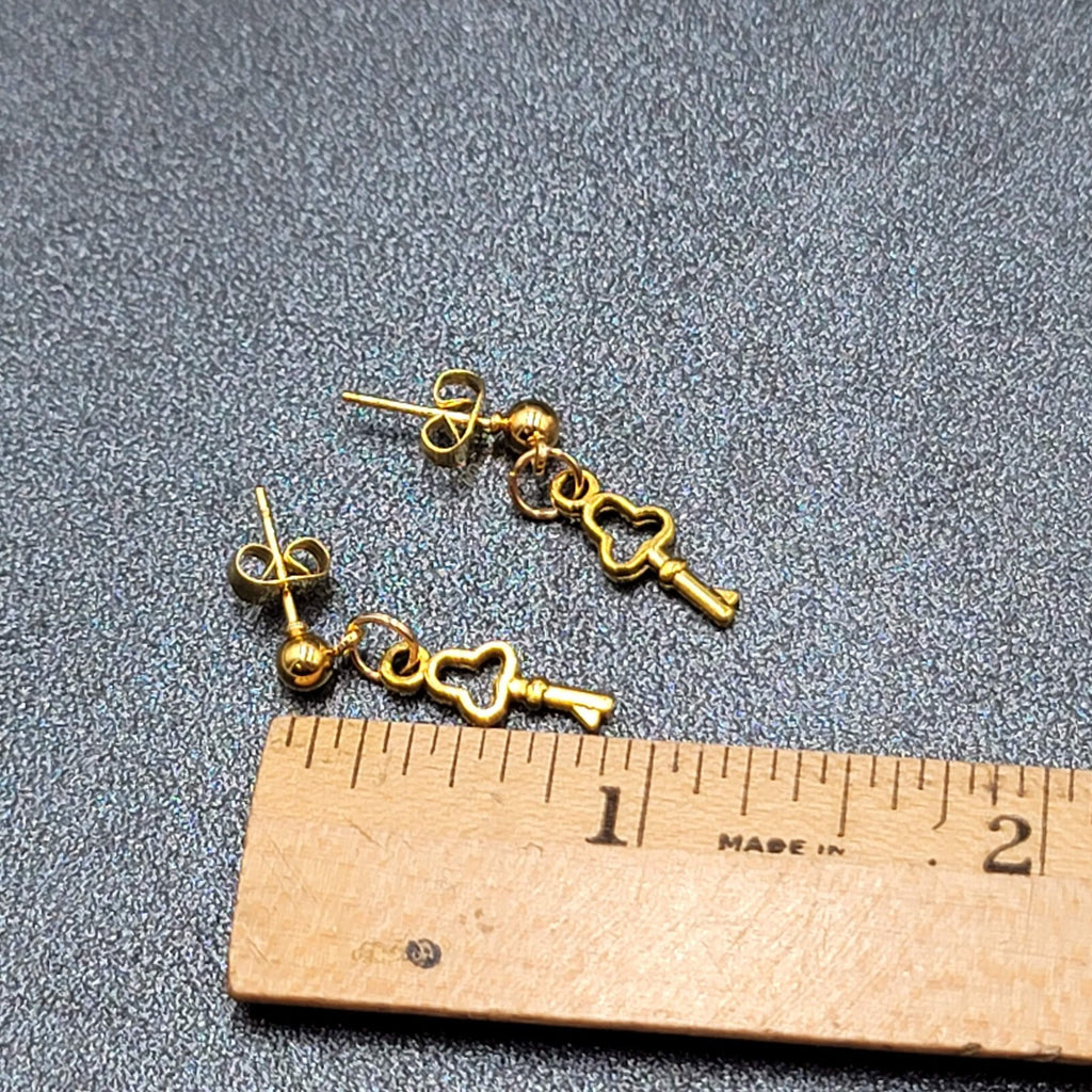 New Skeleton Key Pierced Earrings Gold tone Small Dainty Dangle 3/4"