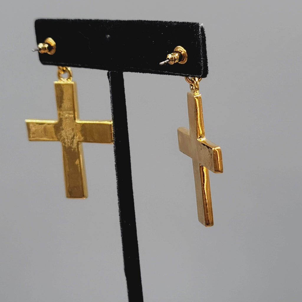 Cross Pierced Earrings Gold Plated Enamel Rhinestone Crystal Dangle 1.75"