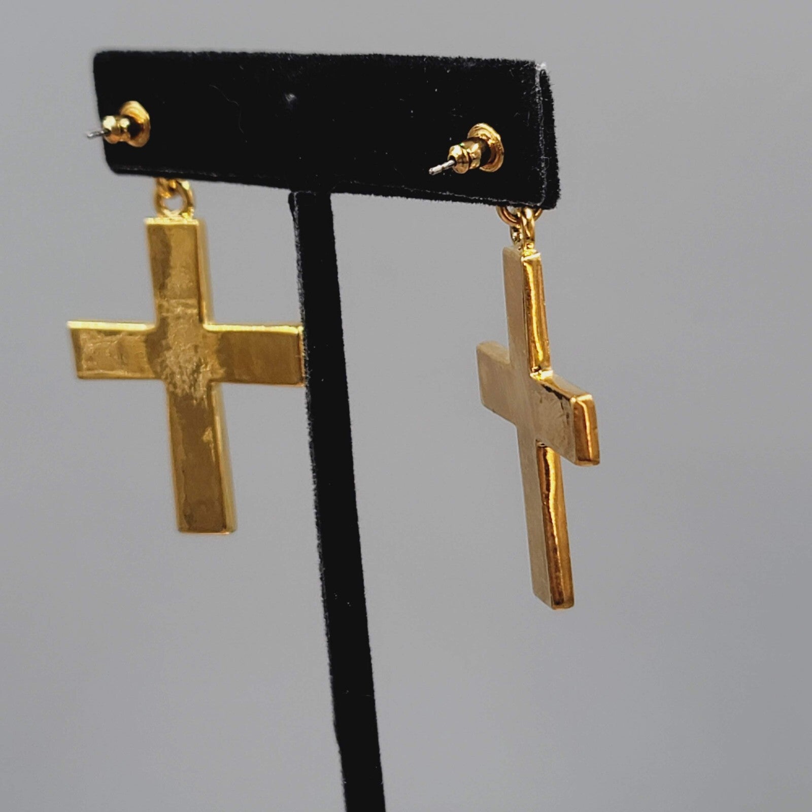 Cross Pierced Earrings Gold Plated Enamel Rhinestone Crystal Dangle 1.75"