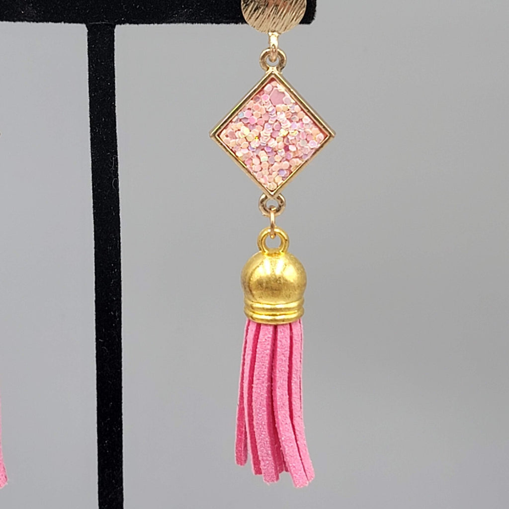 Pink Tassel Pierced Earrings Gold tone Dangle Long 3"