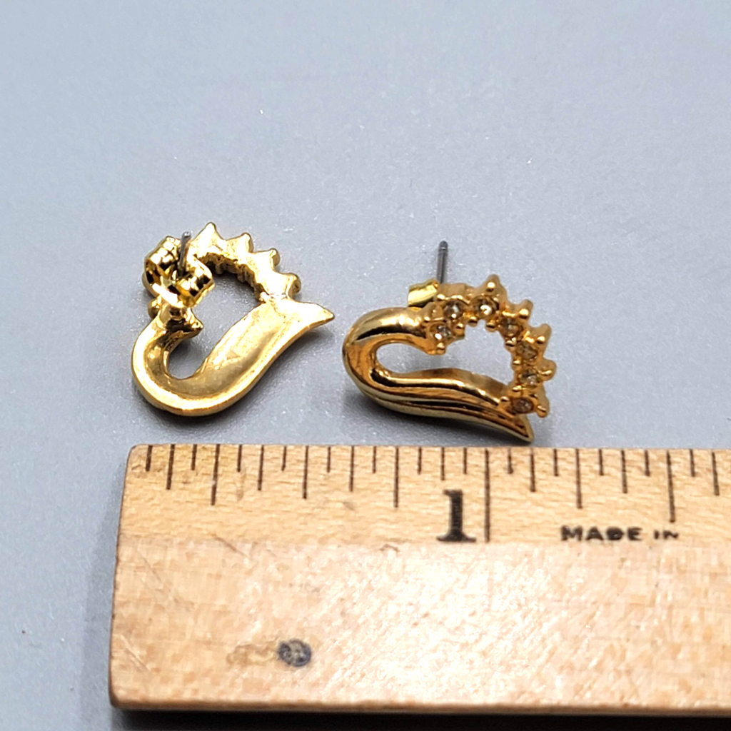 Vintage Open Heart Studs Pierced Earrings Gold Plated CZ 5/8"