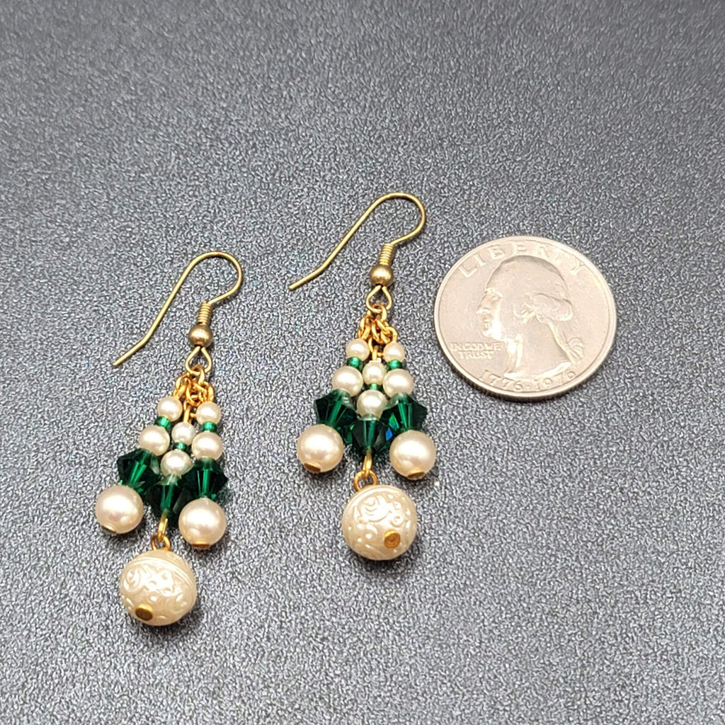 Vintage Pierced Earrings Faux Pearl Green Crystal Beads Dangle 1.5"