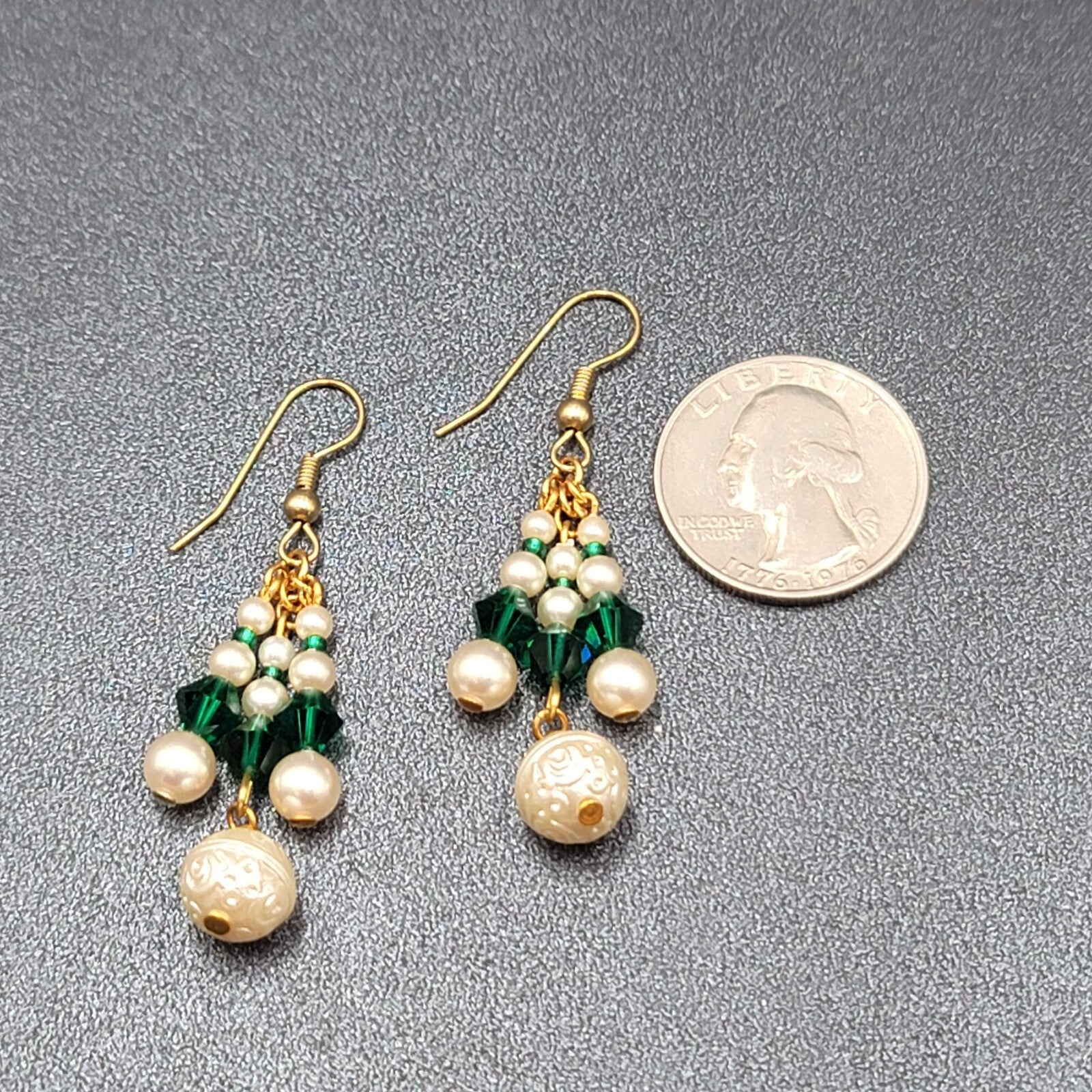 Vintage Pierced Earrings Faux Pearl Green Crystal Beads Dangle 1.5"