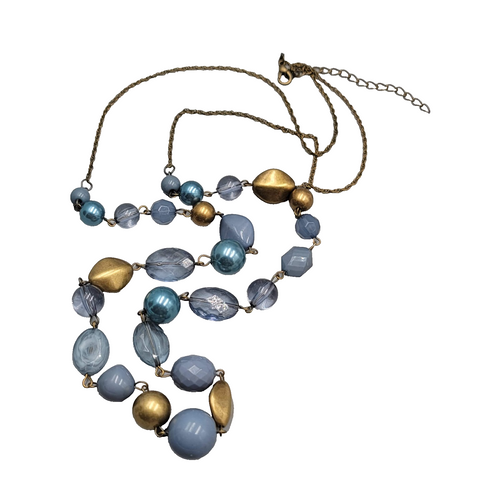 Blue Bead Necklace Bronze tone Chain 36" Long