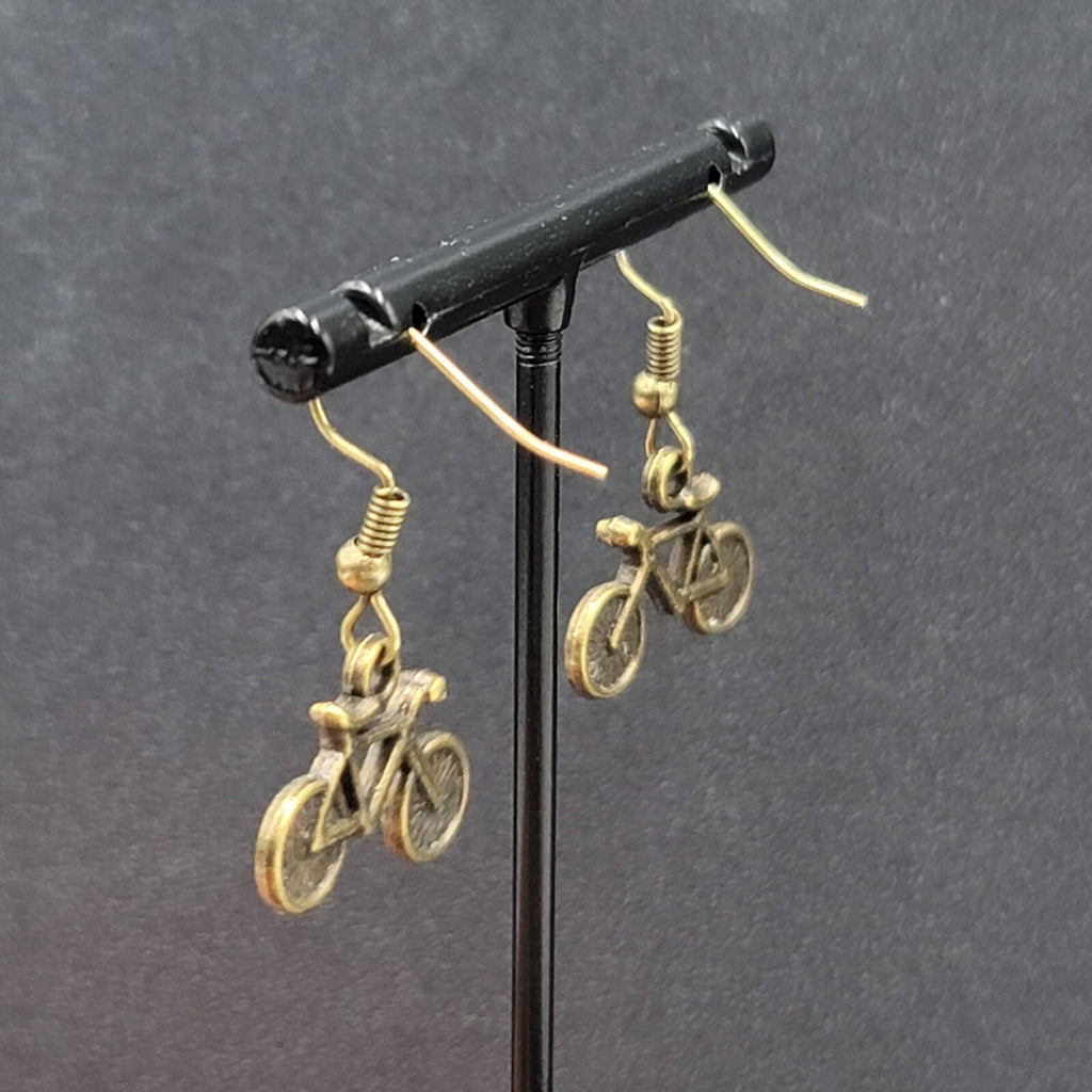 Bicycle Pierced Earrings Bronze tone Dangle 3D 5/8"
