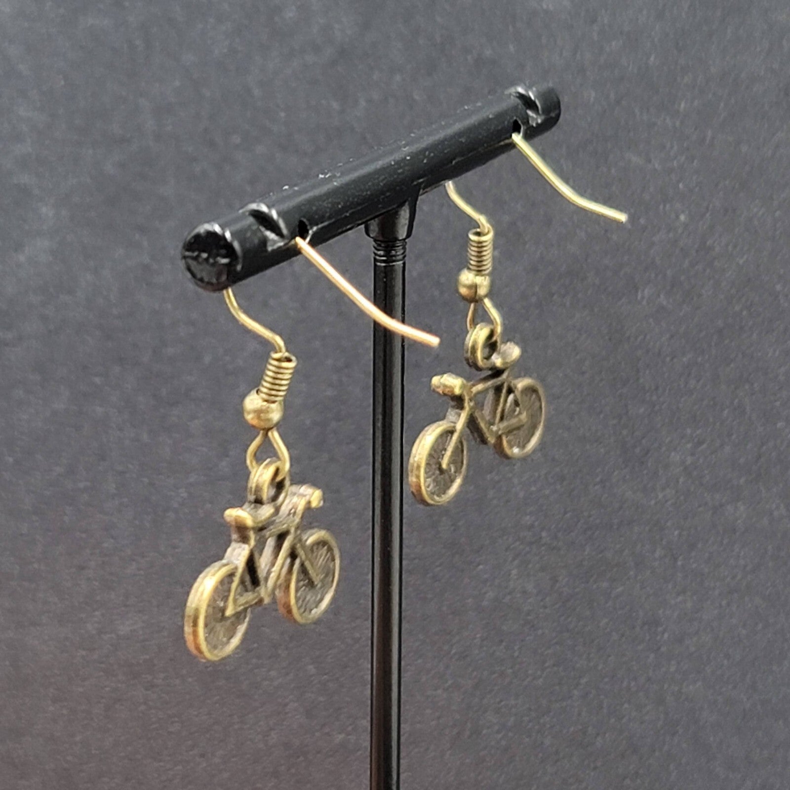 Bicycle Pierced Earrings Bronze tone Dangle 3D 5/8"