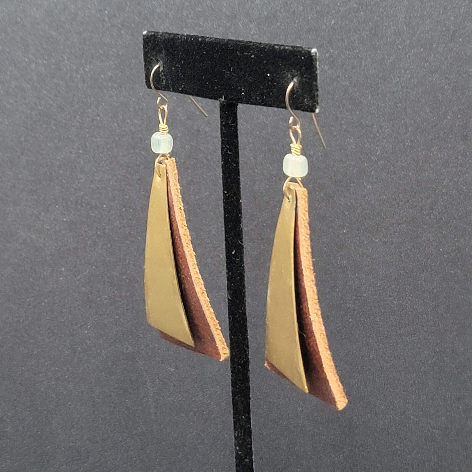 Vintage Artisan Pierced Earrings Leather And Brass Triangle Dangle  2.5"