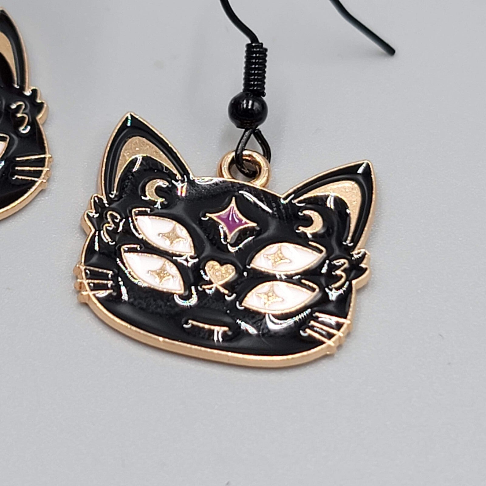 Four Eyed Black Cat Pierced Earrings Enamel Gold tone Dangle New 
