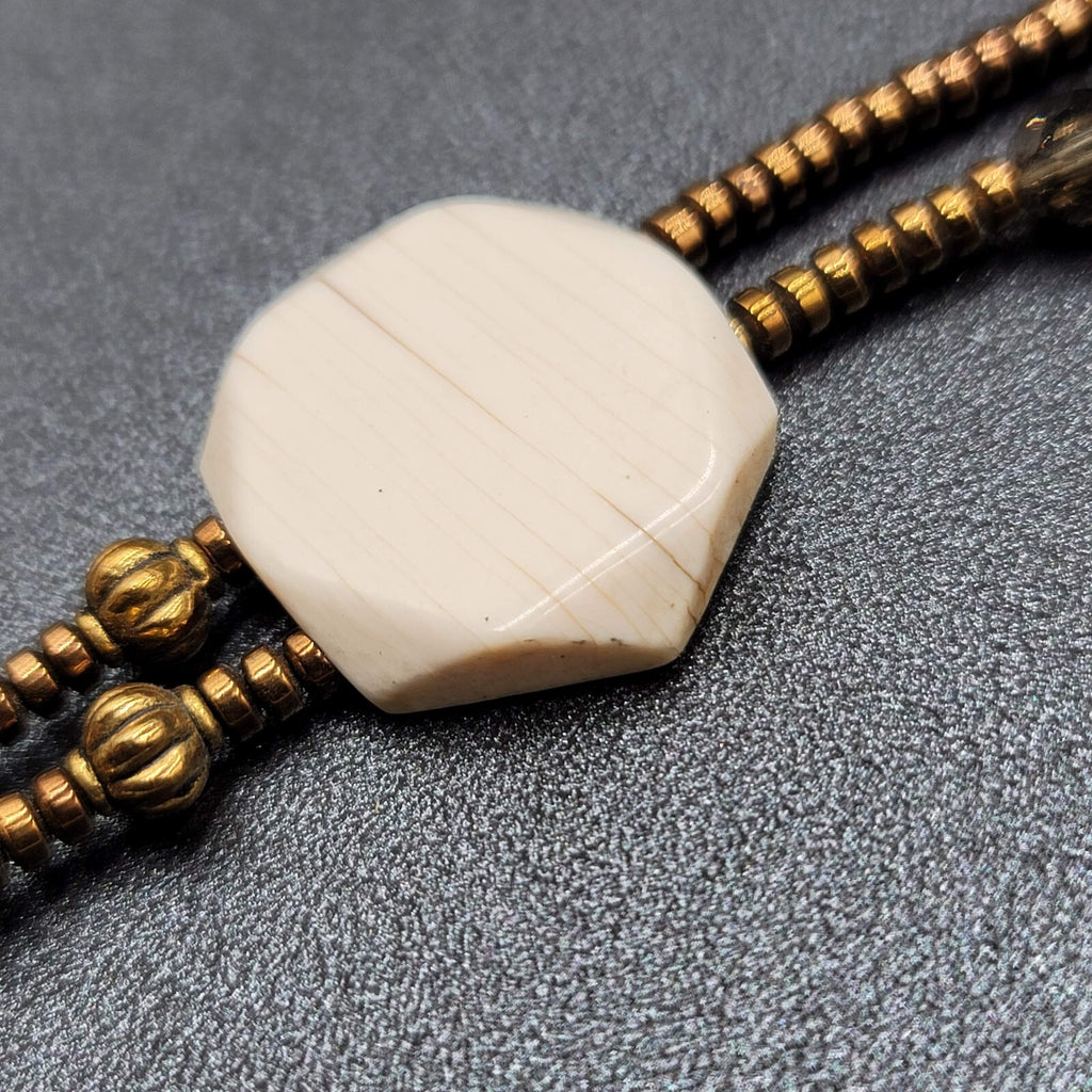 Signed Holly Necklace Gold tone Seed Bead White Stone Pendant Tassels 16"-18"