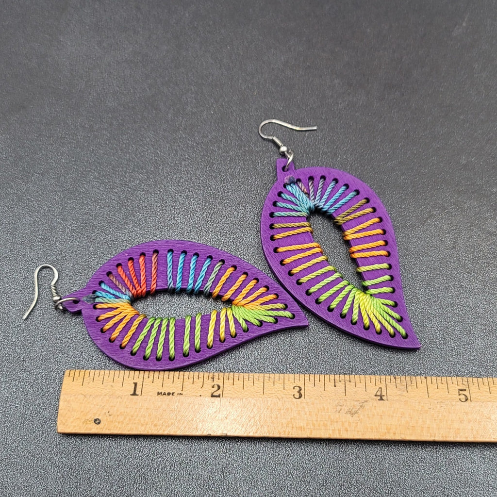 Pierced Earrings Large Purple Wood Leaf Multicolor String Art 3.25" Long
