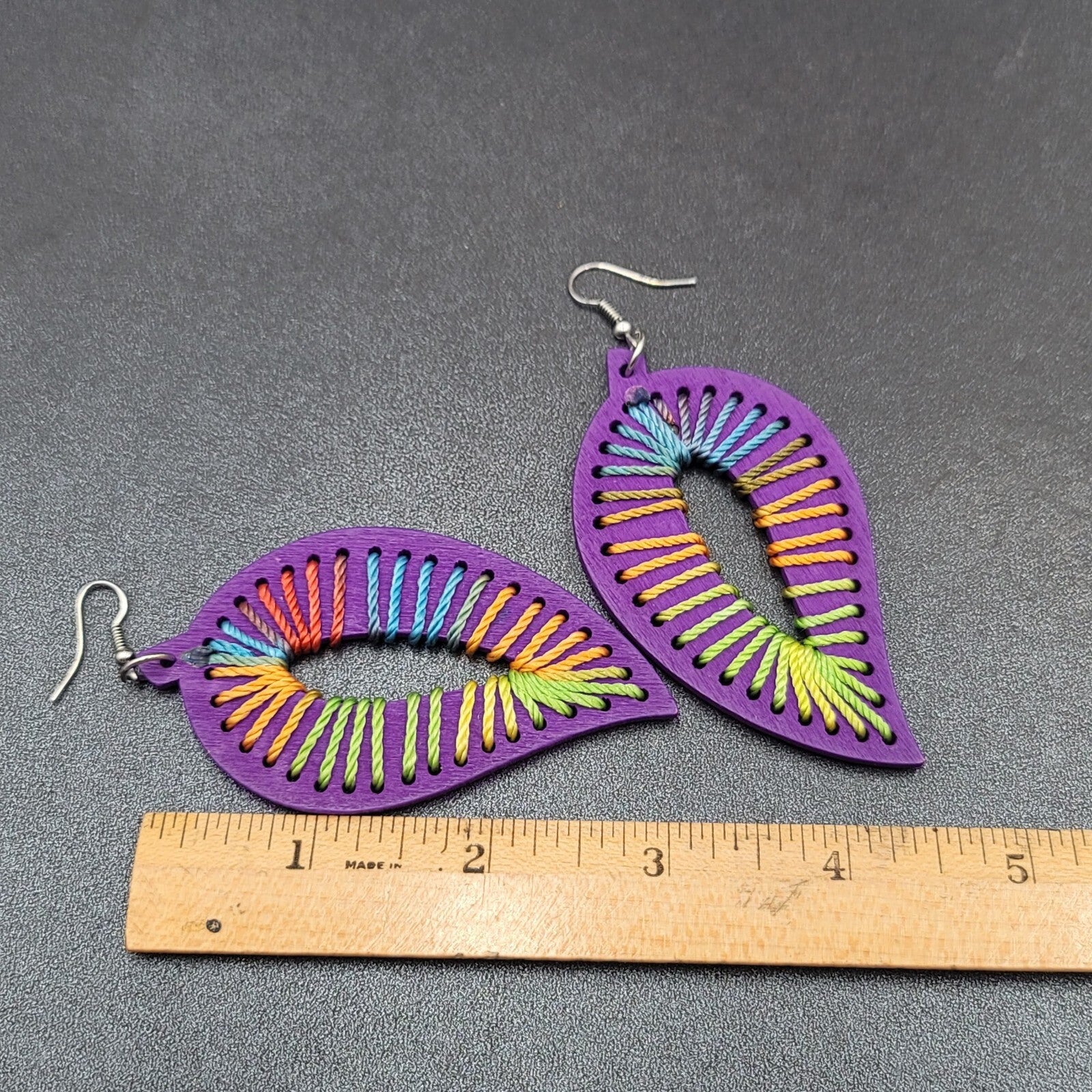 Pierced Earrings Large Purple Wood Leaf Multicolor String Art 3.25" Long