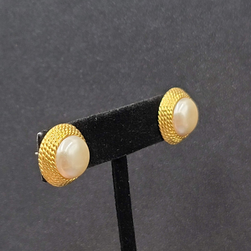 Vintage Pierced Earrings Gold Plated White Round Cabochon Studs 5/8"