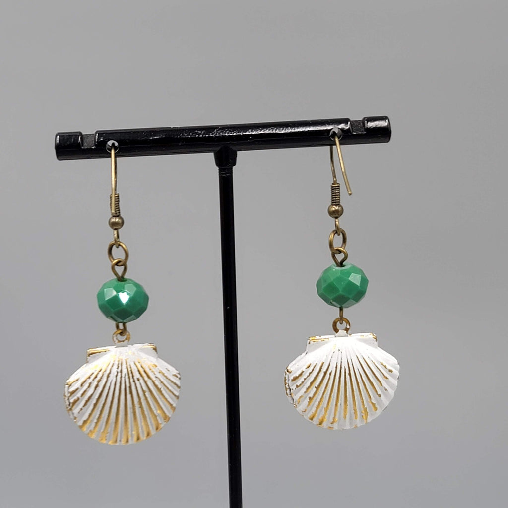 Pierced Earrings Bronze tone Green Bead Metal White Seashell Dangle 1 5/8"