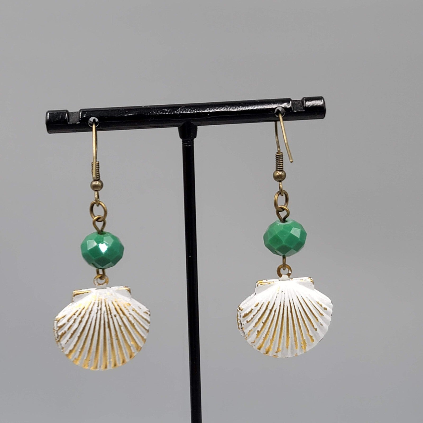 Pierced Earrings Bronze tone Green Bead Metal White Seashell Dangle 1 5/8"