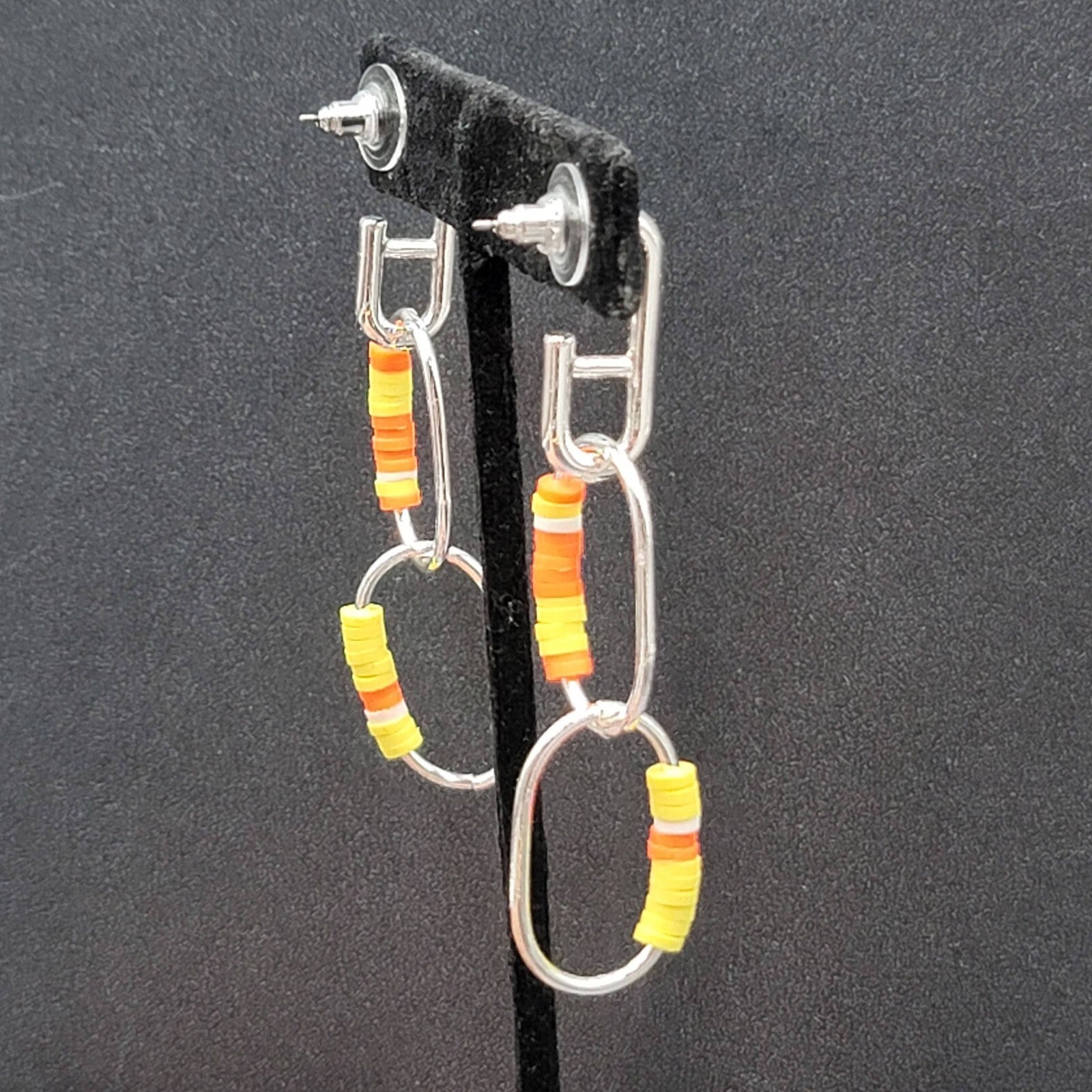 Pierced Earrings Silver tone Dangle Rings Yellow Orange Beads 2.75"