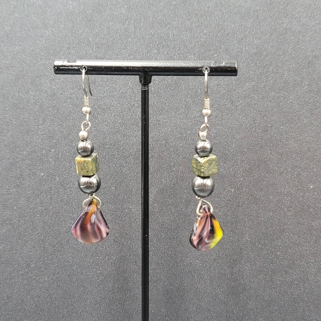 Vintage Pierced Earrings Magnetic Hematite Green Stone Beaded Dangle 1.75"