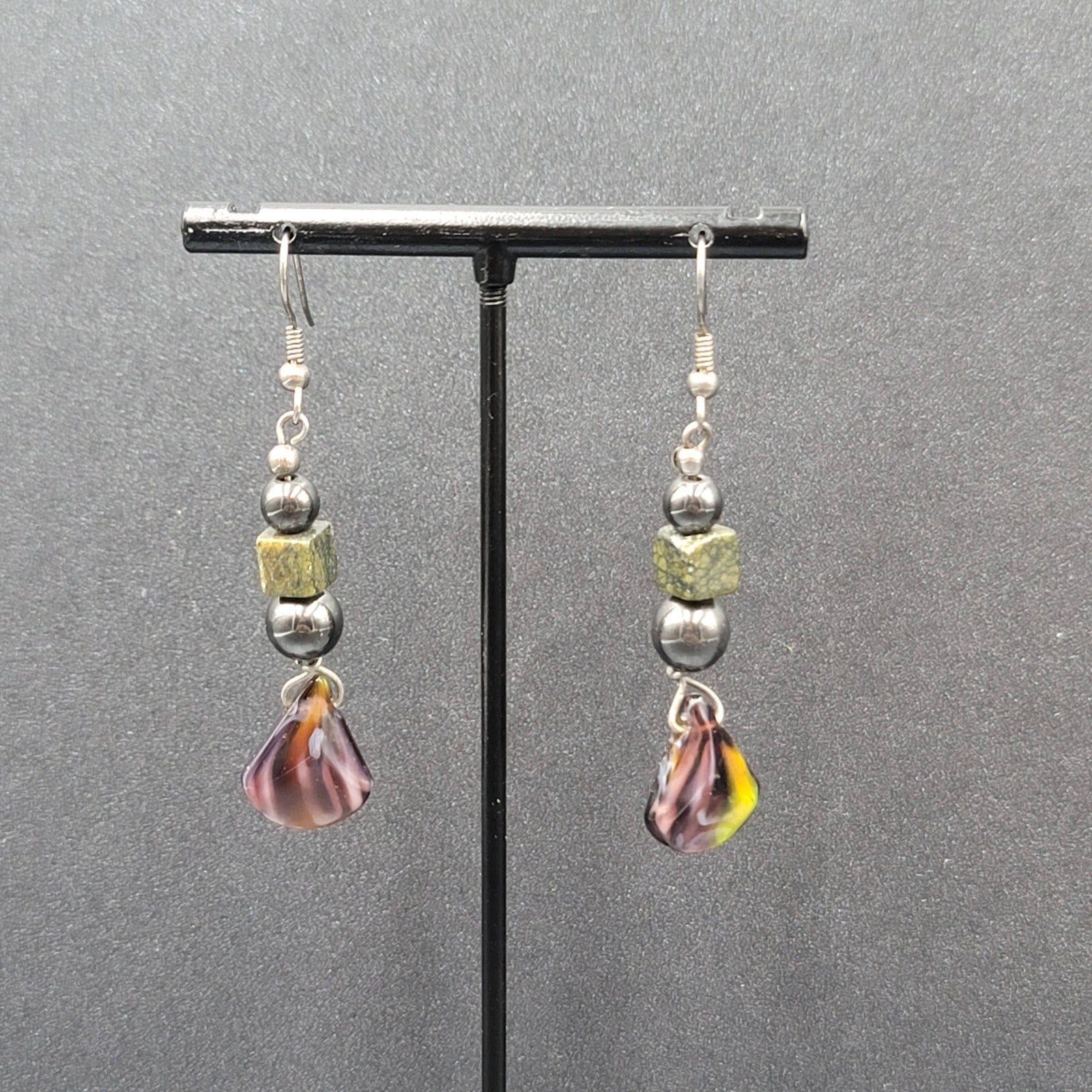 Vintage Pierced Earrings Magnetic Hematite Green Stone Beaded Dangle 1.75"