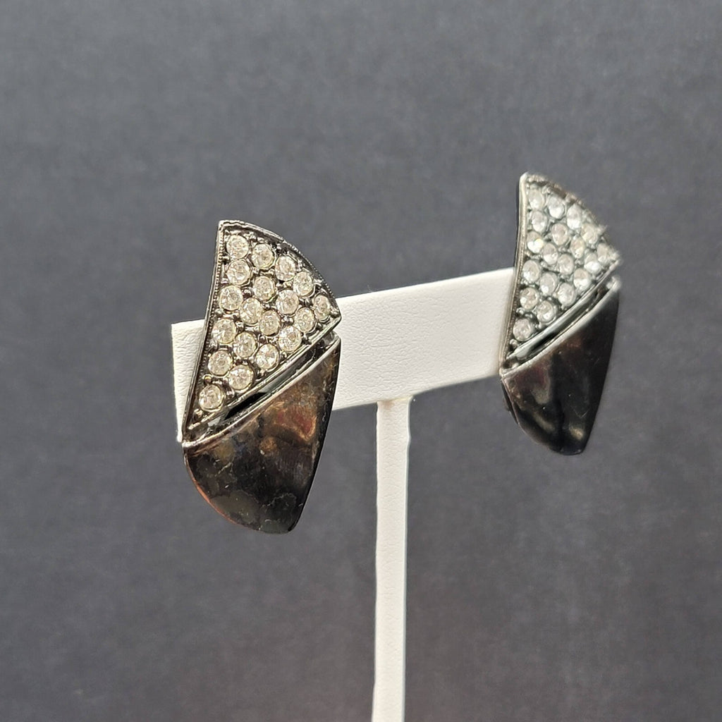 Vintage Clip on Earrings Black Metal Clear Rhinestones 1.5"