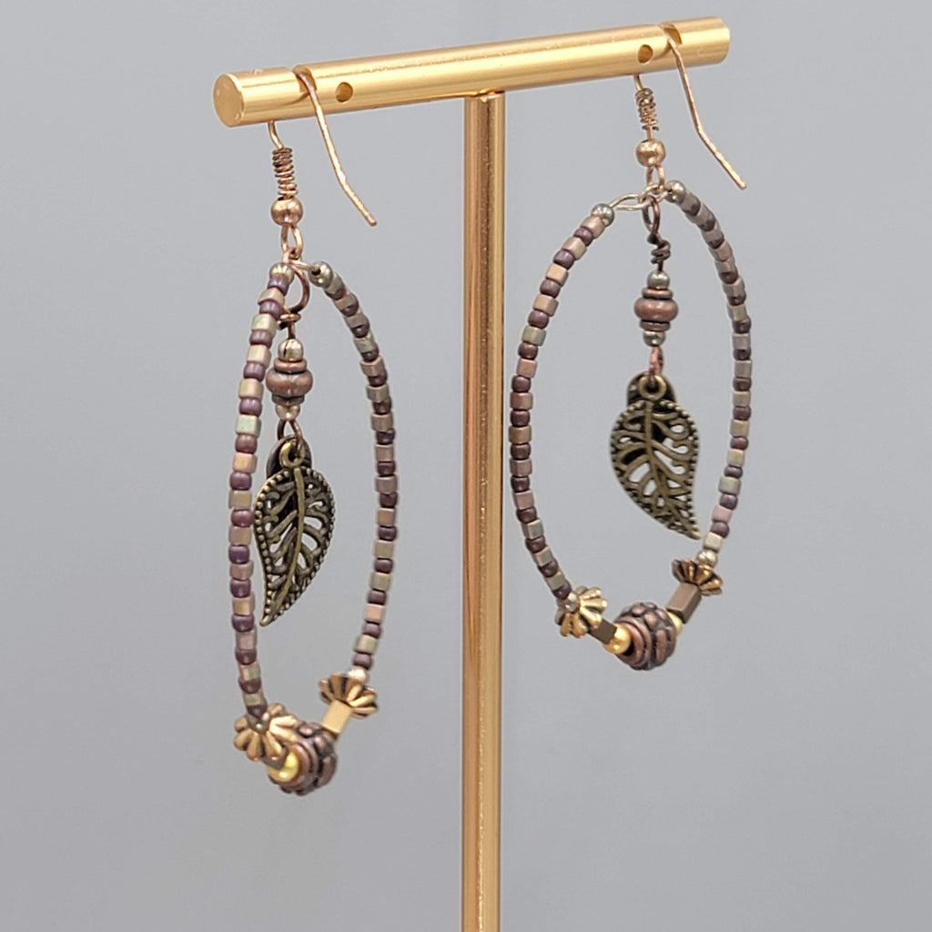Boho Beaded Hoops Pierced Earrings Copper toen Leaf Dangle 2"