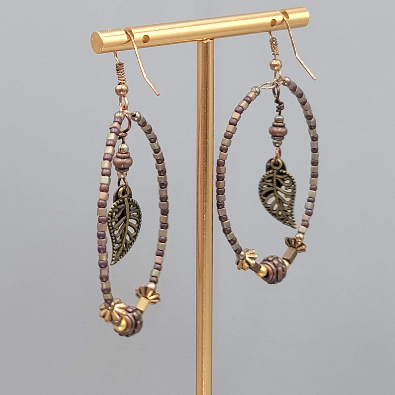 Boho Beaded Hoops Pierced Earrings Copper toen Leaf Dangle 2"