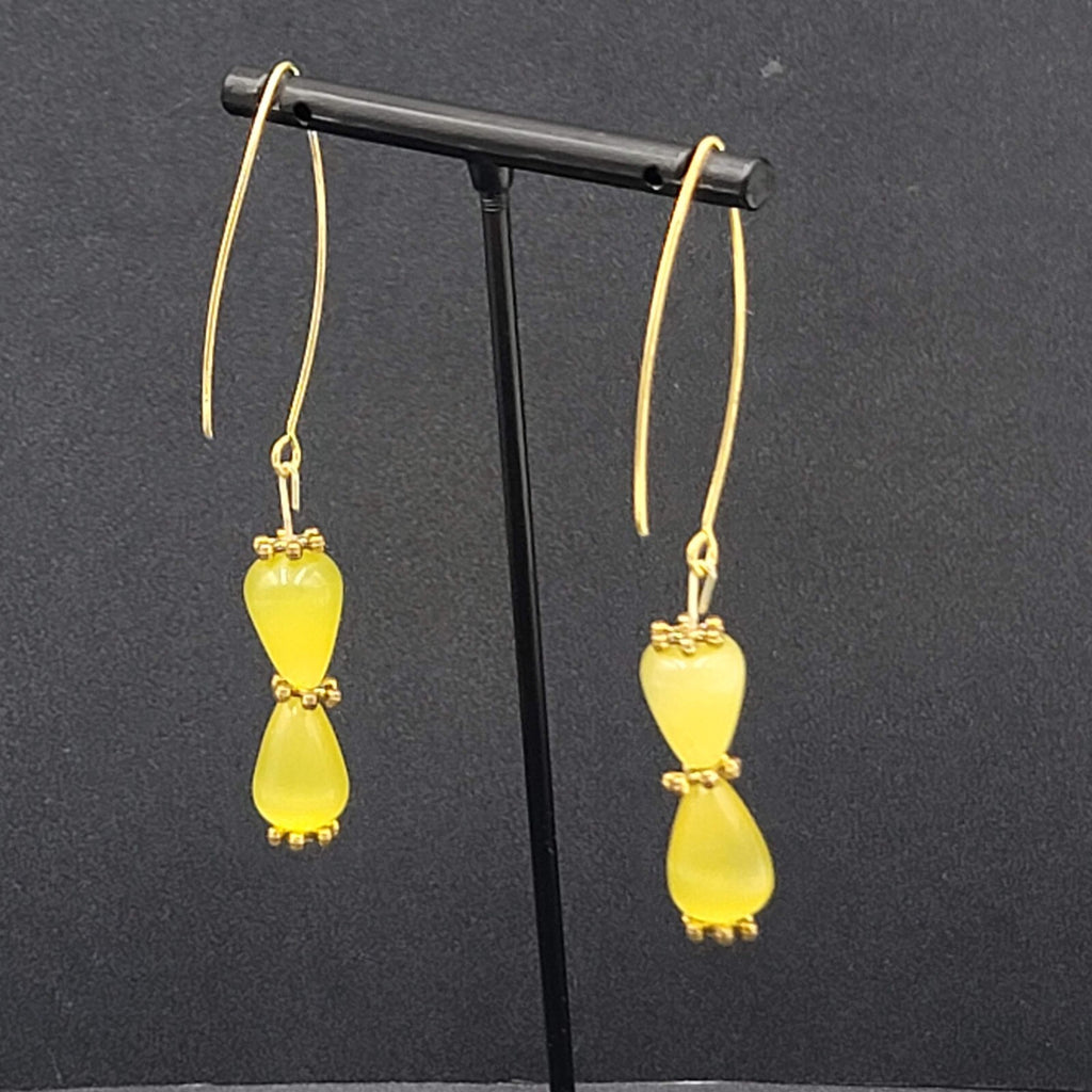 Pierced Earrings Gold tone Yellow Cats Eye Stone Beads Dangle 1.5"