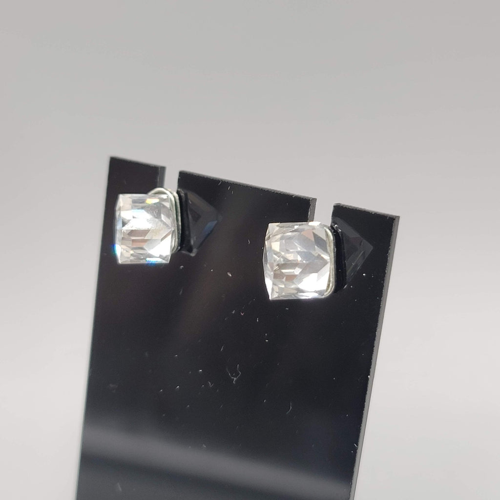 Crystal Cube Stud Pierced Earrings Silver tone 3/8 in