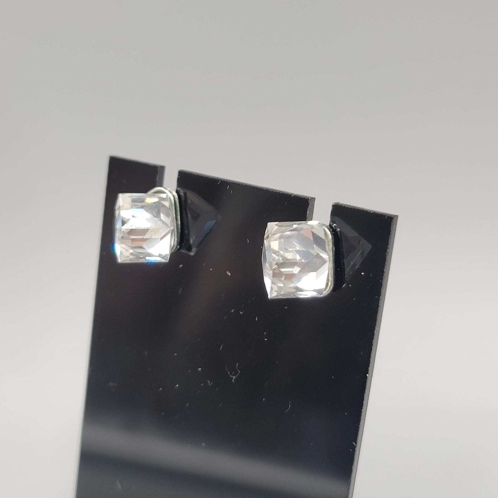 Crystal Cube Stud Pierced Earrings Silver tone 3/8 in