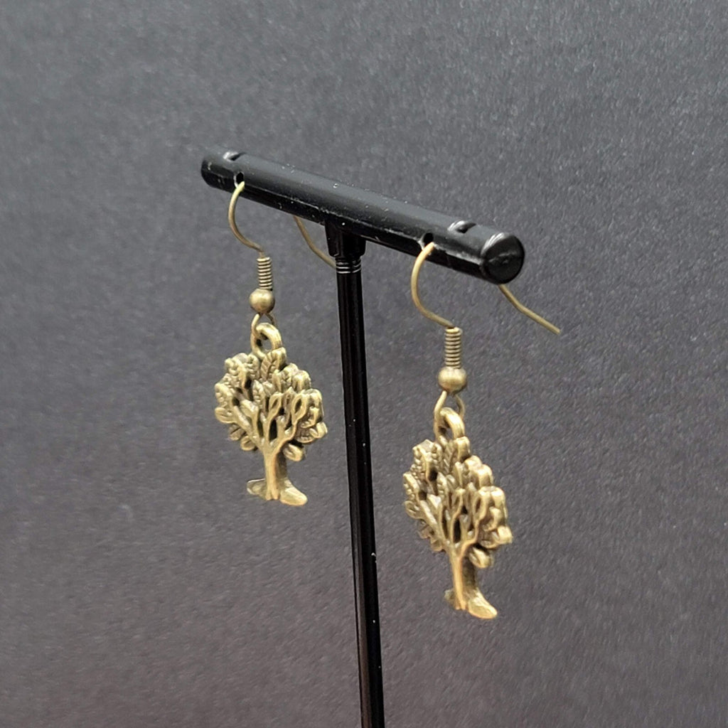 Tree Pierced Earrings Bronze tone Embossed Detail Dangle 7/8"