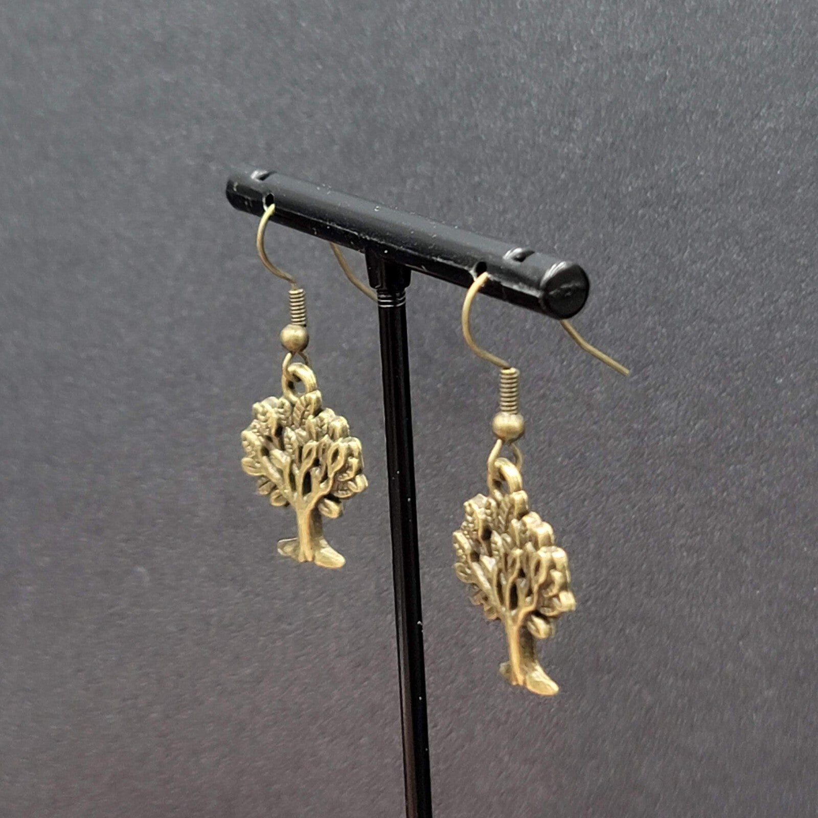 Tree Pierced Earrings Bronze tone Embossed Detail Dangle 7/8"
