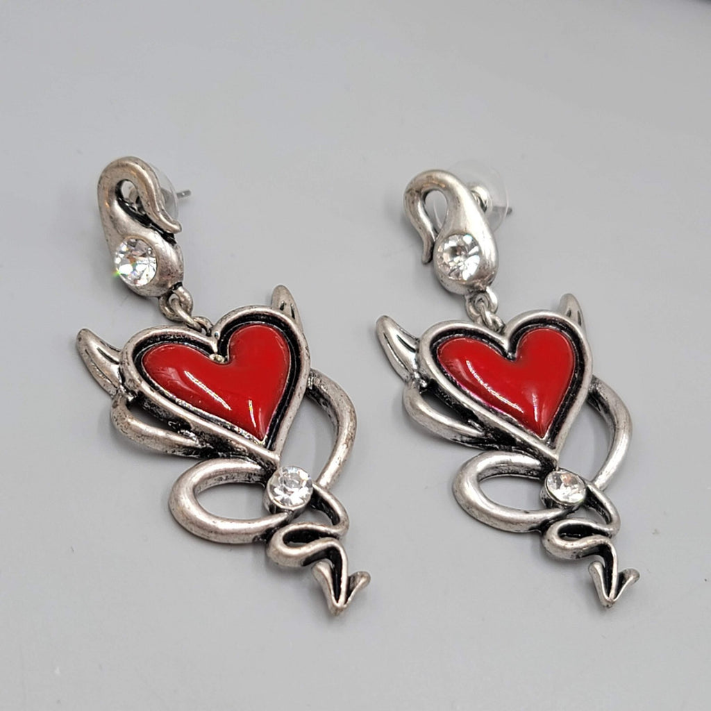 Devil Heart Pierced Earrings Red Enamel Crystal Silver tone Dangle 2 3/8"