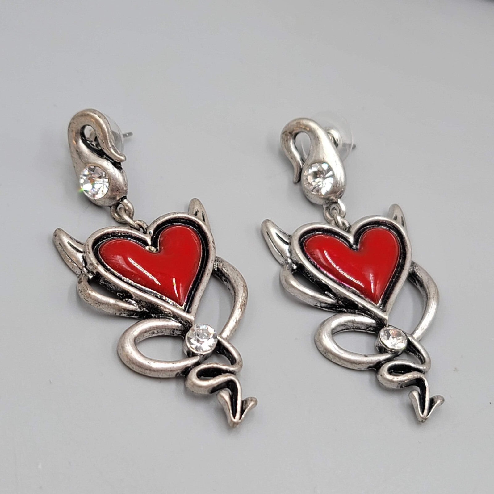 Devil Heart Pierced Earrings Red Enamel Crystal Silver tone Dangle 2 3/8"