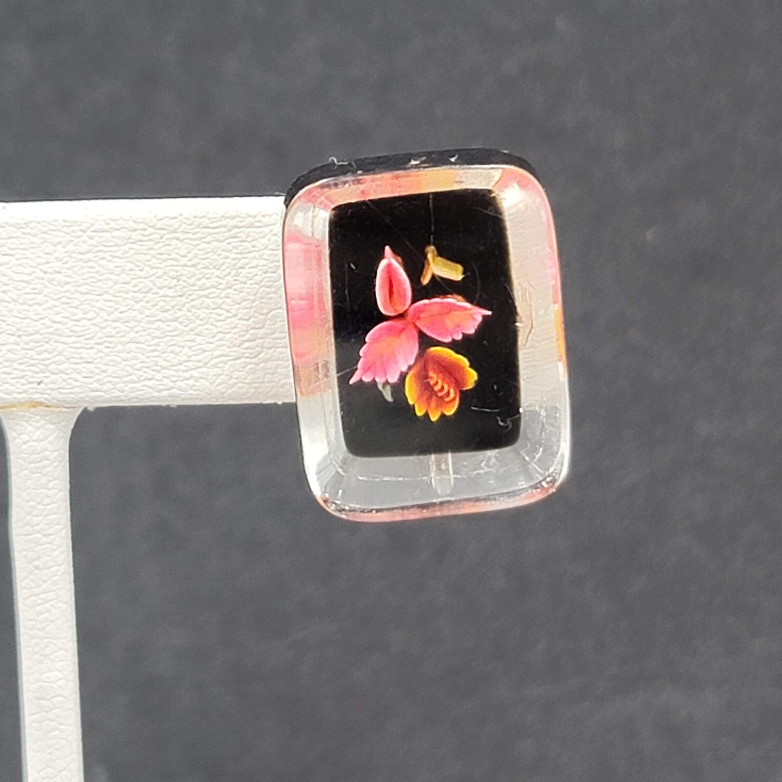 Vintage Clip on Earrings Reverse Carved Lucite Flower Drop 7/8"