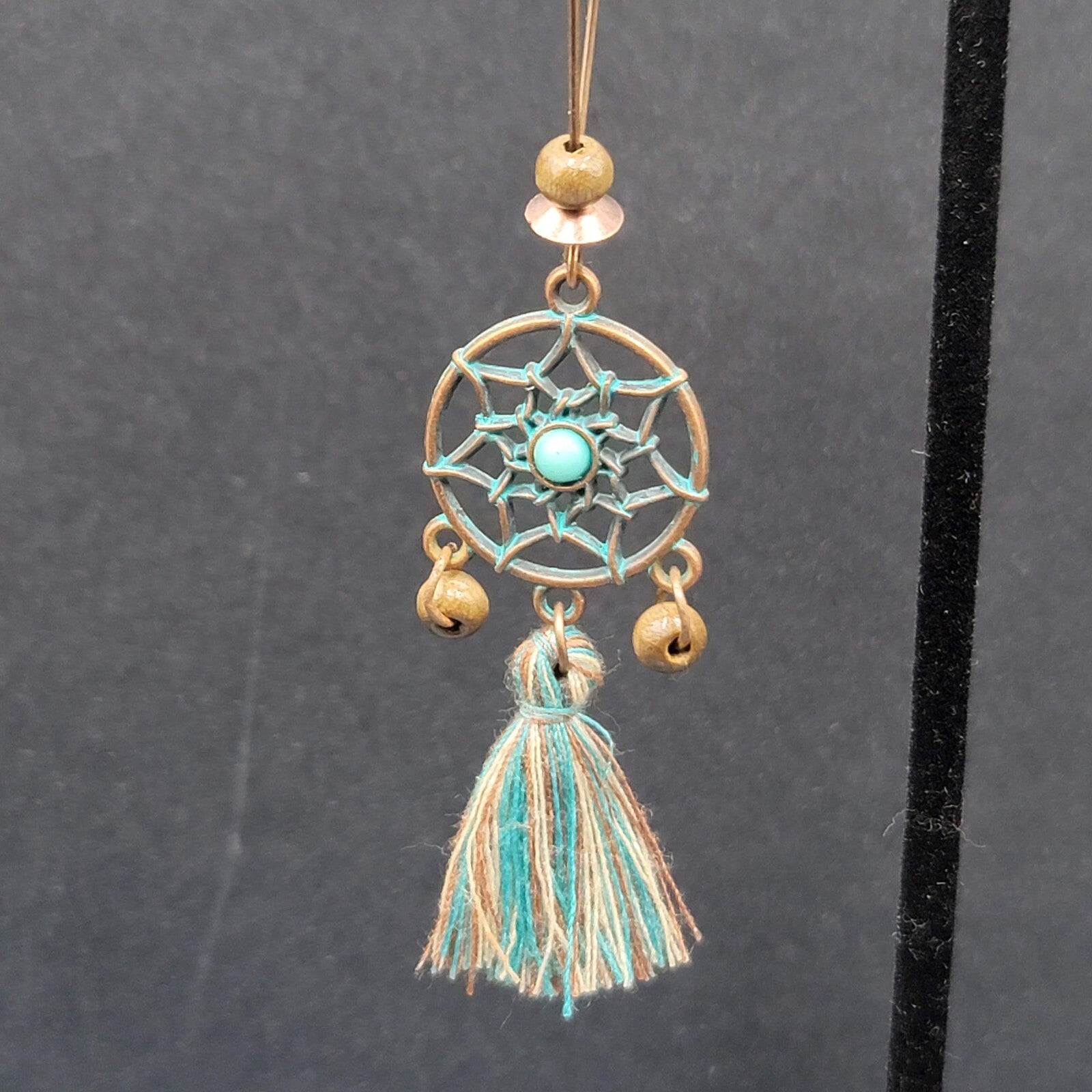New Boho Pierced Earrings Copper tone Dreamcatcher Wood Bead Blue Tassel 2"