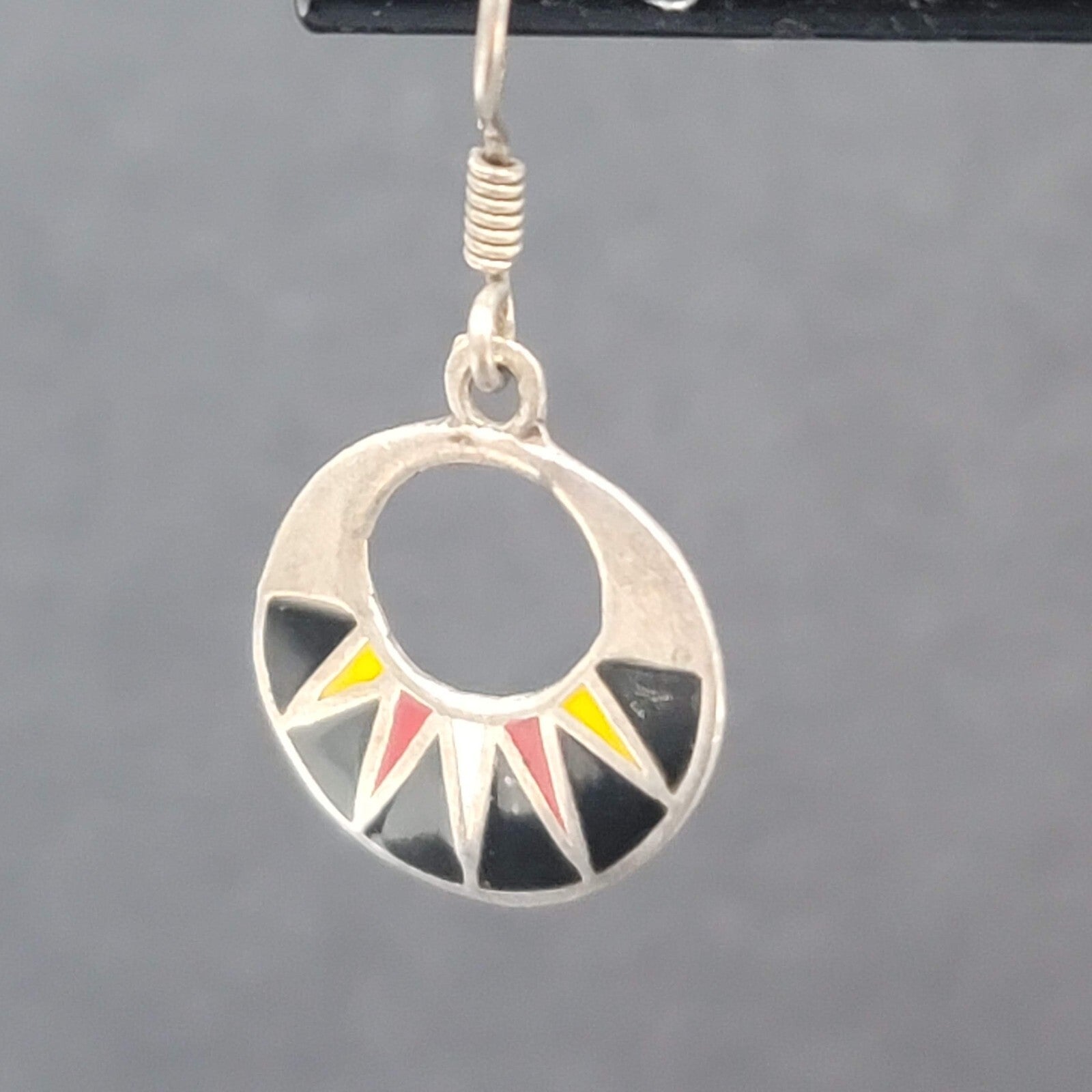Mexico Sterling Silver Pierced Earrings Enamel Red Black Yellow 925. 5/8"