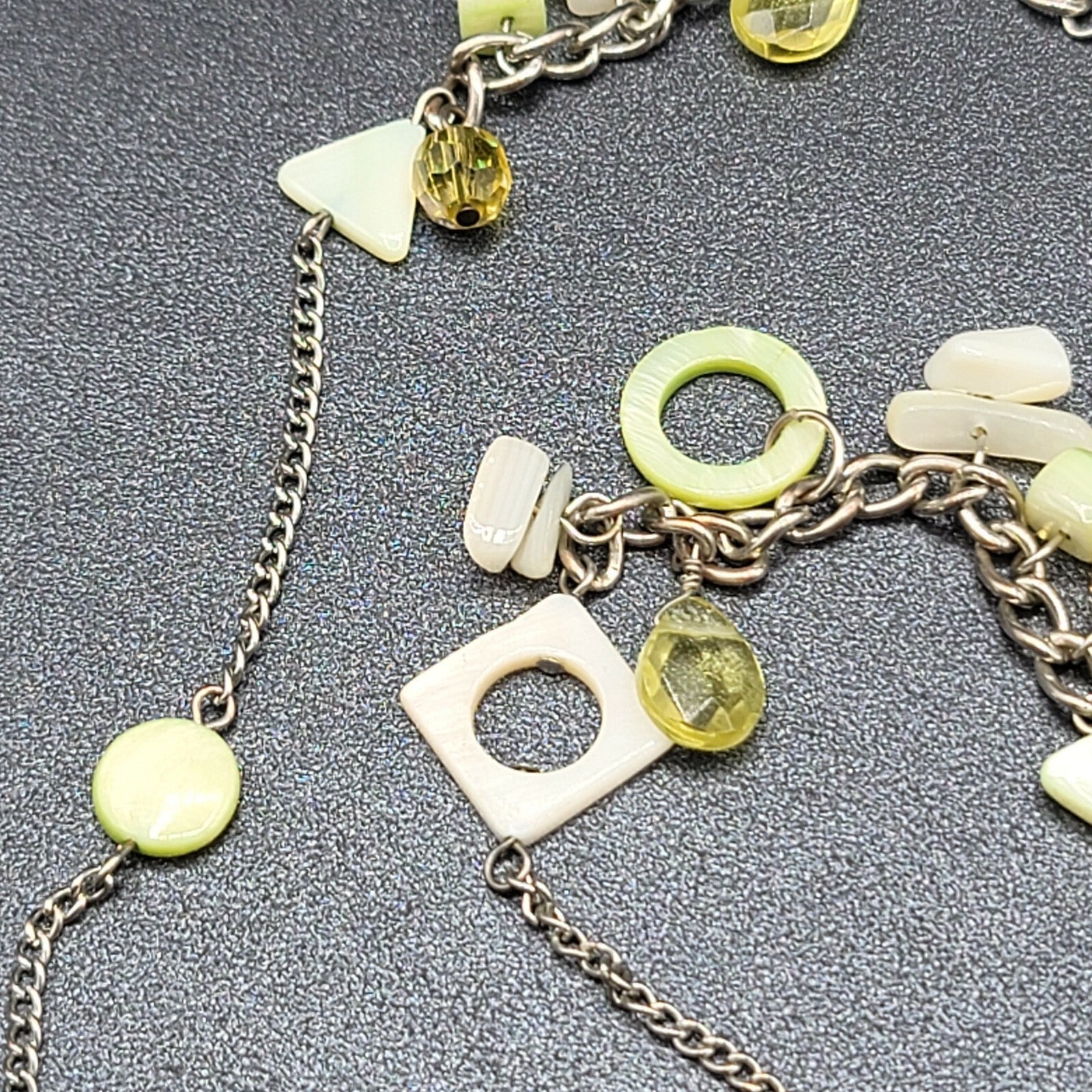 Green Shell Necklace Bohemian Boho Silver tone Crystal Faceted Bead 40"