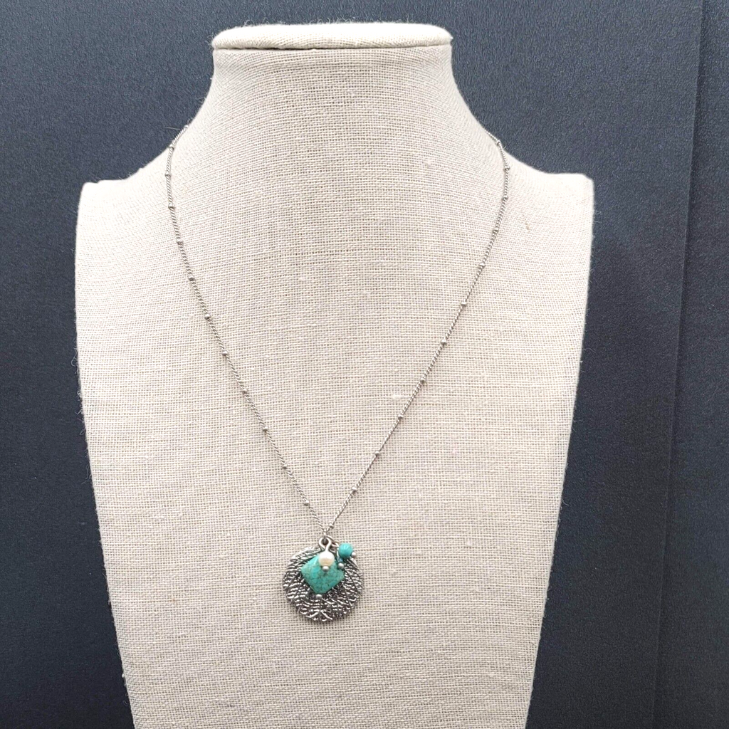 Lia Sophia Necklace Silver tone Leaf Pendant Dyed Blue Howlite Stone 16"-18"