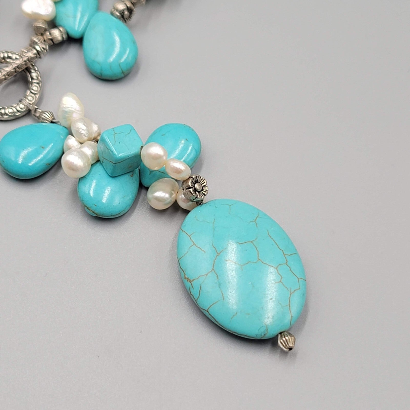Large Statement Stone Bead Necklace Blue Dyed Howlite Pearl Silver tone Toggle