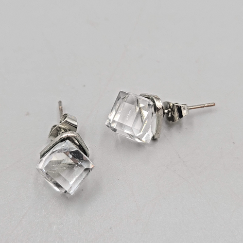 Crystal Cube Stud Pierced Earrings Silver tone 3/8 in