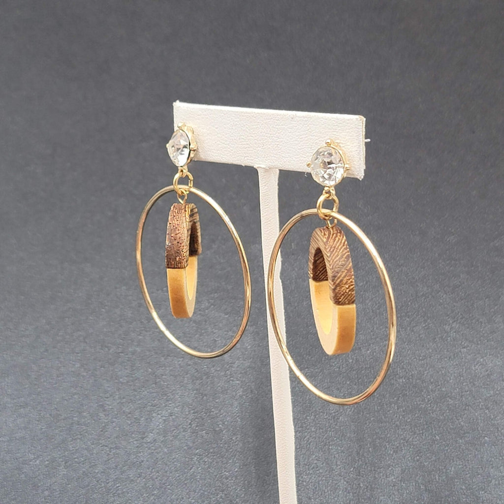 Pierced Earrings Gold tone Wood Rhinestone Hoops Dangle 2 1/4"