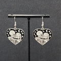 Kissing Skeletons Pierced Earrings Silver tone Black White Enamel Heart 1"