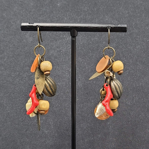 Charm Pierced Earrings Bronze tone Seashells Beads 2"