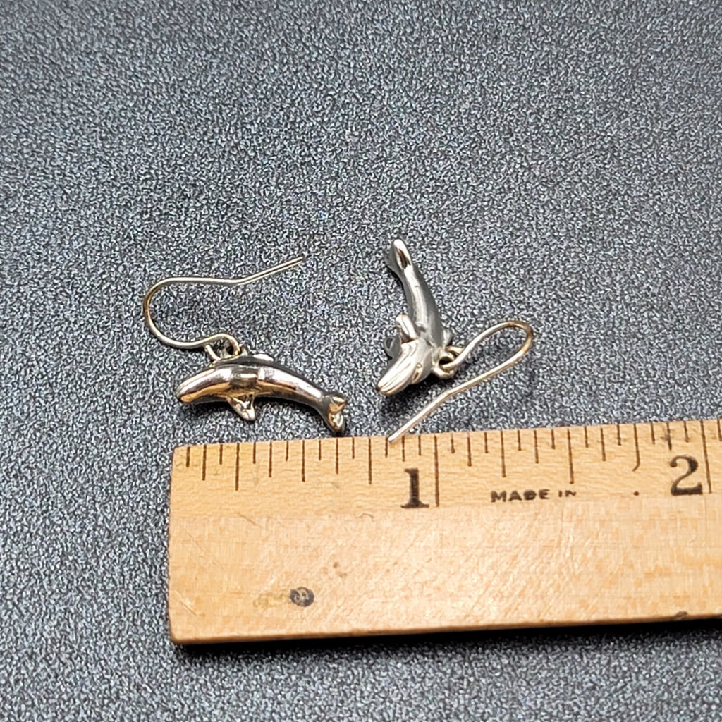 Pierced Earrings Dainty Silver tone Dolphin Dangle 3/4"