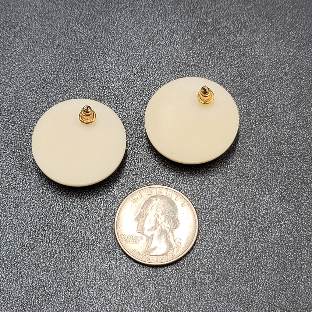 Vintage Pierced Earrings White Acrylic Round Red Polka Dots 1"