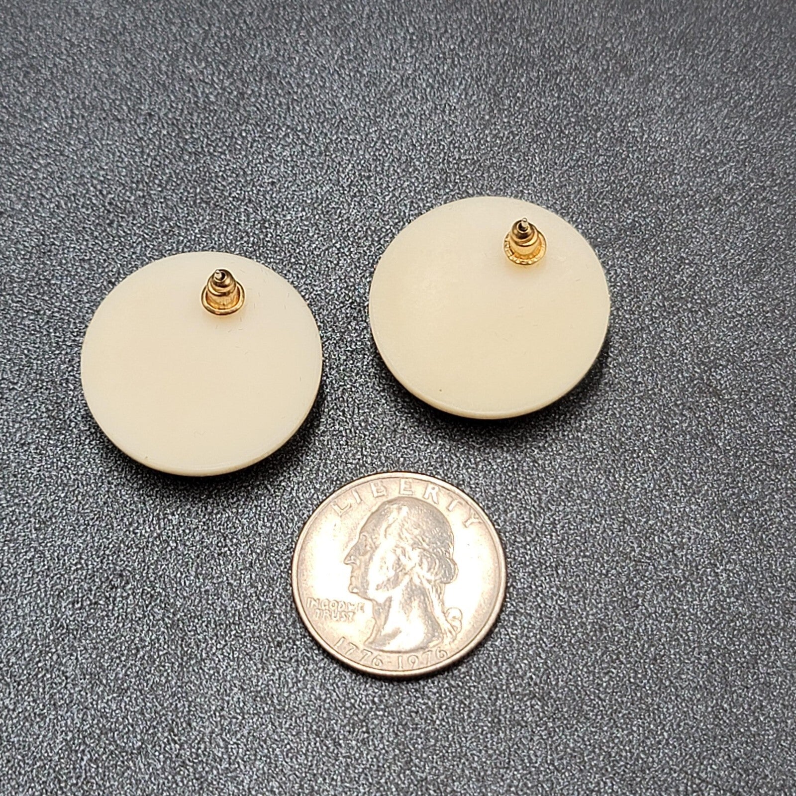 Vintage Pierced Earrings White Acrylic Round Red Polka Dots 1"