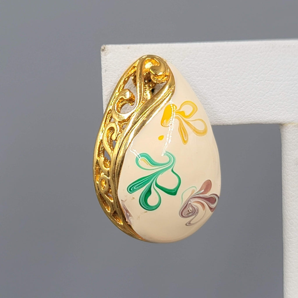Vintage Enamel Clip on Earrings Gold Plated Yellow Purple Green Swirls 1 1/8"