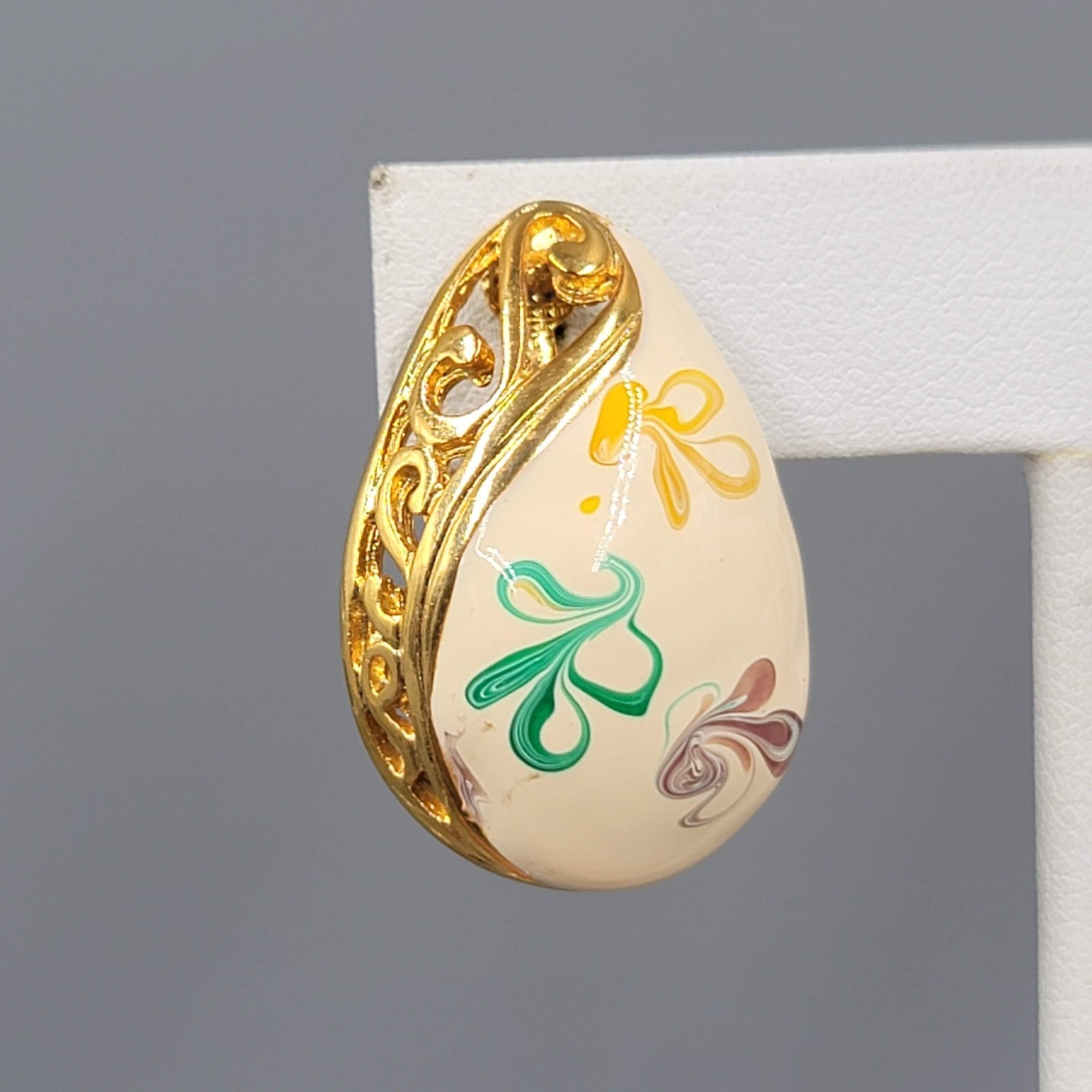 Vintage Enamel Clip on Earrings Gold Plated Yellow Purple Green Swirls 1 1/8"